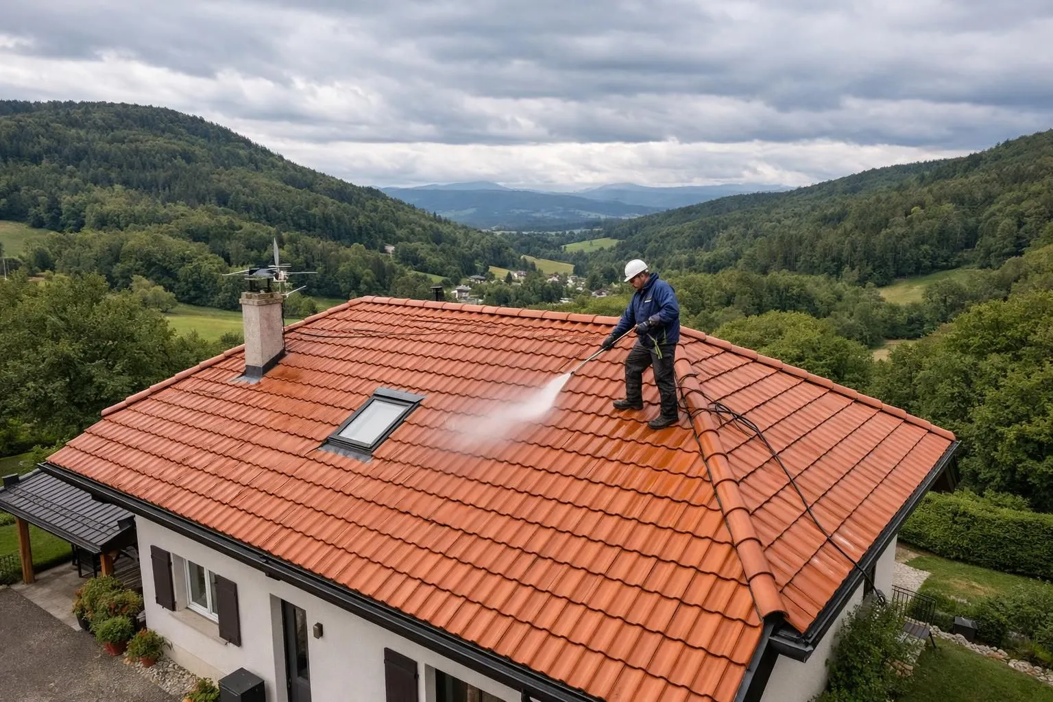 Vue rapprochée d'un toit en tuiles recouvert de mousses vertes et de lichens, avec un professionnel en tenue de travail utilisant un nettoyeur haute pression, sous un ciel nuageux typique du canton de Vaud avec des collines boisées en arrière-plan