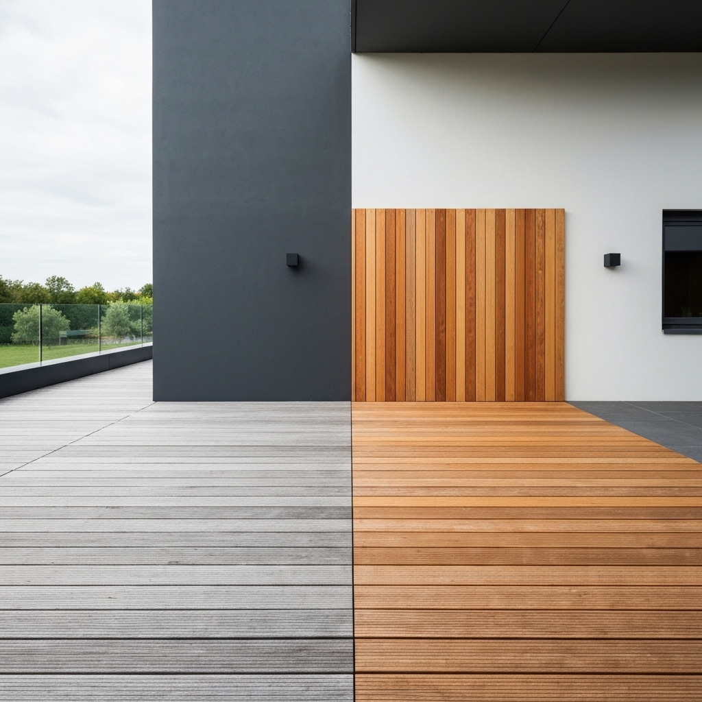 Outdoor wooden deck with one section showing weathered gray unprotected wood next to vibrant protected wood, natural sunlight casting shadows, realistic texture detail