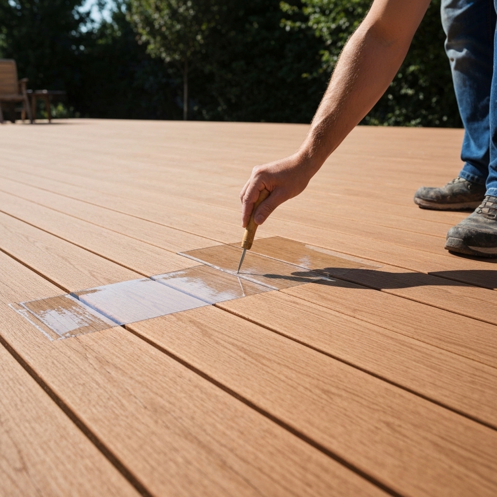 Professional craftsman applying clear varnish with a brush on outdoor wooden deck surface, wearing work gloves, sunny day, detailed wood grain visible