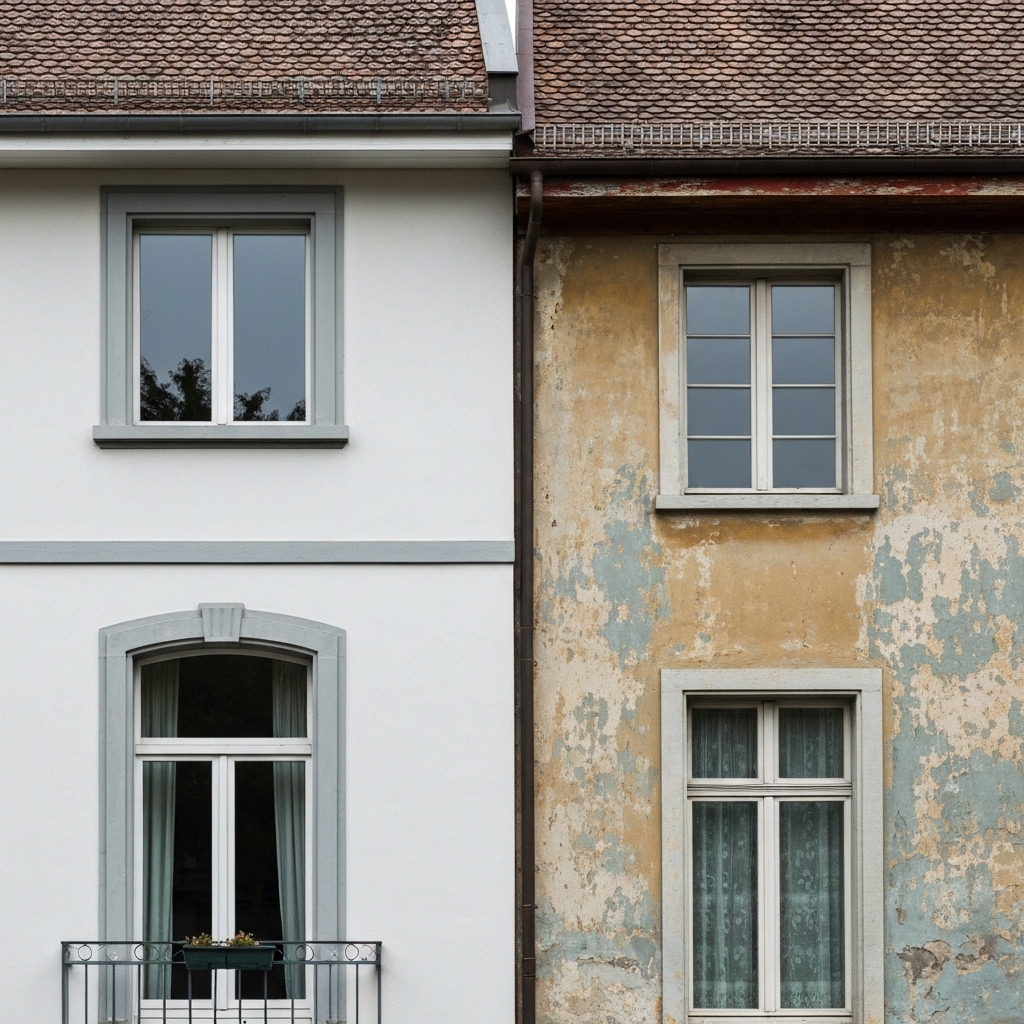 Façade de maison suisse avec peinture extérieure en parfait état à côté d'une façade similaire montrant des signes de vieillissement et d'écaillage, contraste entre neuf et vieux revêtement, architecture résidentielle typique de Suisse romande, lumière naturelle du matin