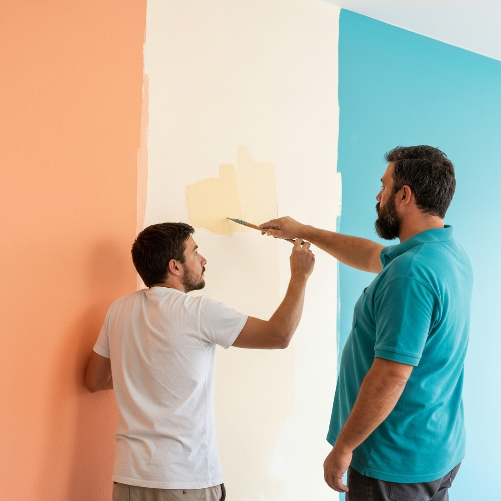 Professional painter applying traditional lime paint on interior wall using natural bristle brush with cross-pattern technique, showing white lime coating being applied in renovation workspace with protective covering on floor