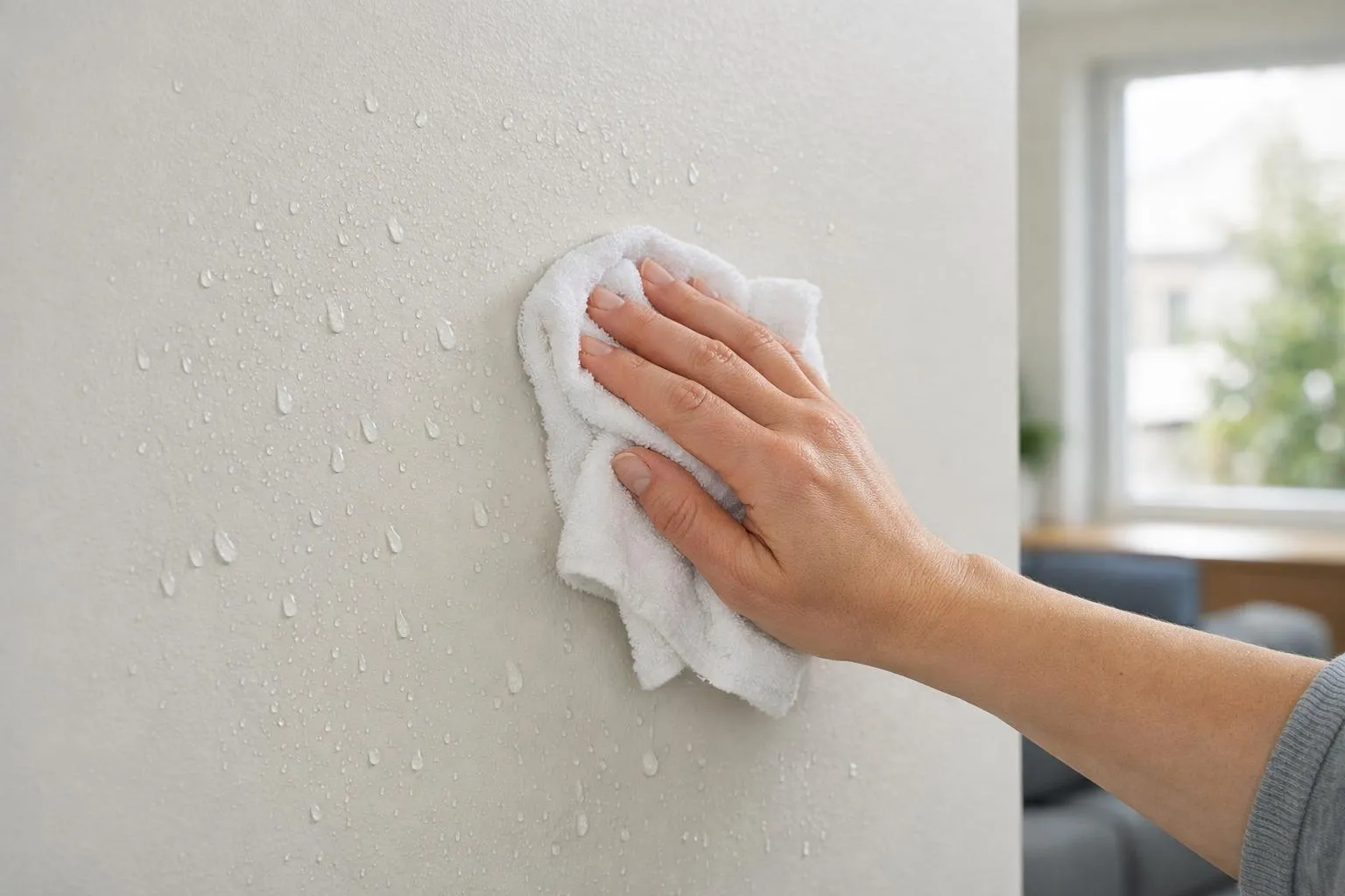Mains essuyant une fenêtre couverte de gouttes d'eau.