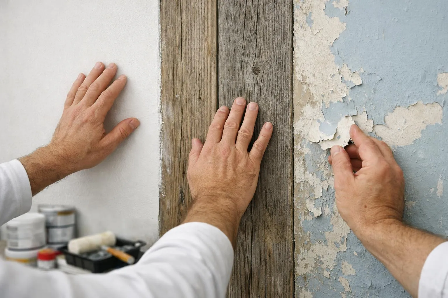 Mains d'un ouvrier réparant un mur en bois et plâtre.
