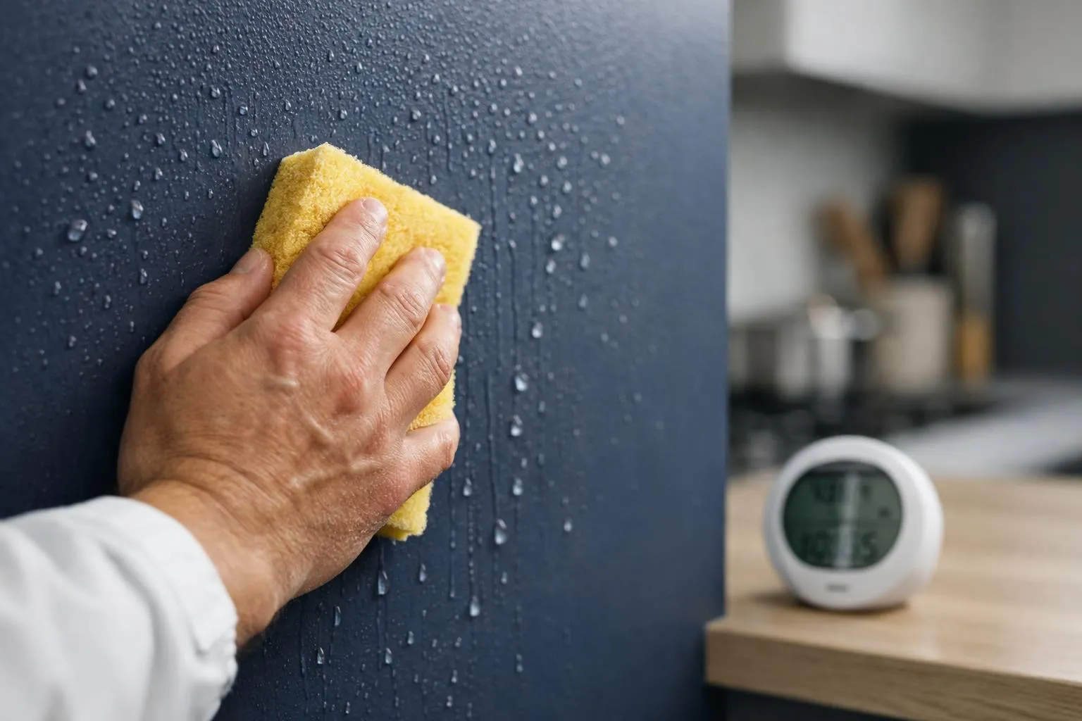 Main humaine essuyant une surface noire avec une éponge jaune.
