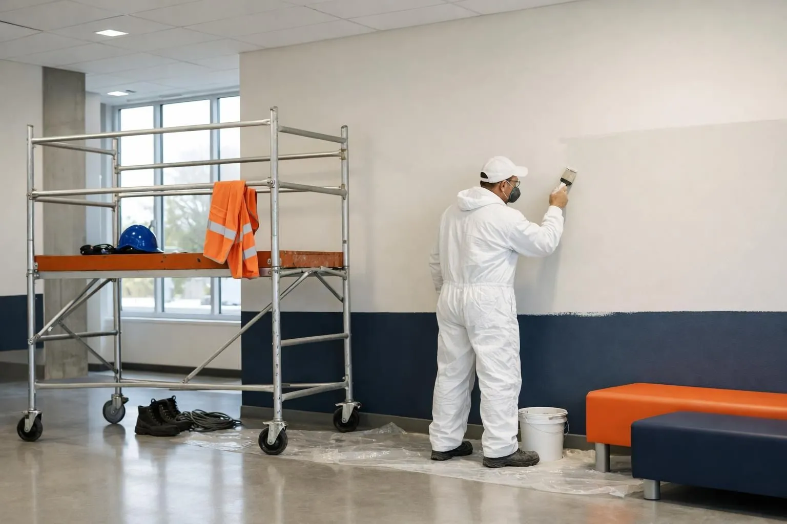 Peintre professionnel en combinaison blanche appliquant de la peinture sur le mur intérieur d'un bâtiment public moderne à Gland, échafaudage et équipement de sécurité visible, lumière naturelle traversant de grandes fenêtres, cadre institutionnel épuré