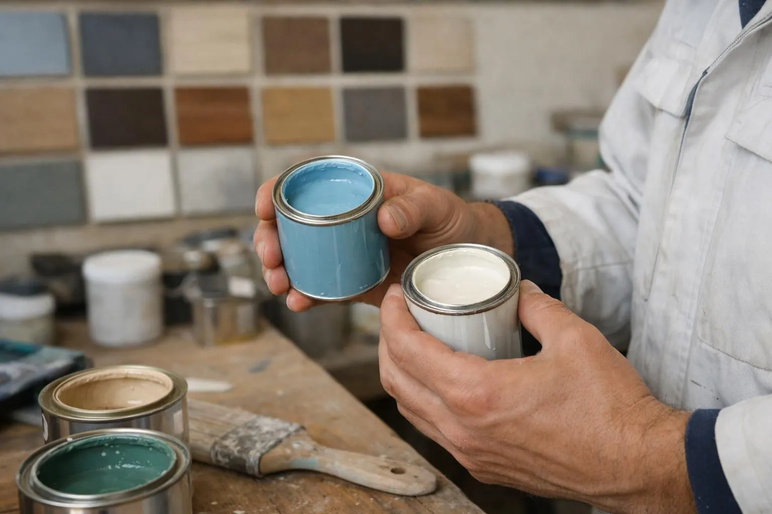 Professionnel de la peinture en tenue de travail examinant attentivement des pots de peinture de différentes qualités dans un atelier bien éclairé, avec des échantillons de finitions et un tableau comparatif visible en arrière-plan, ambiance professionnelle et industrielle