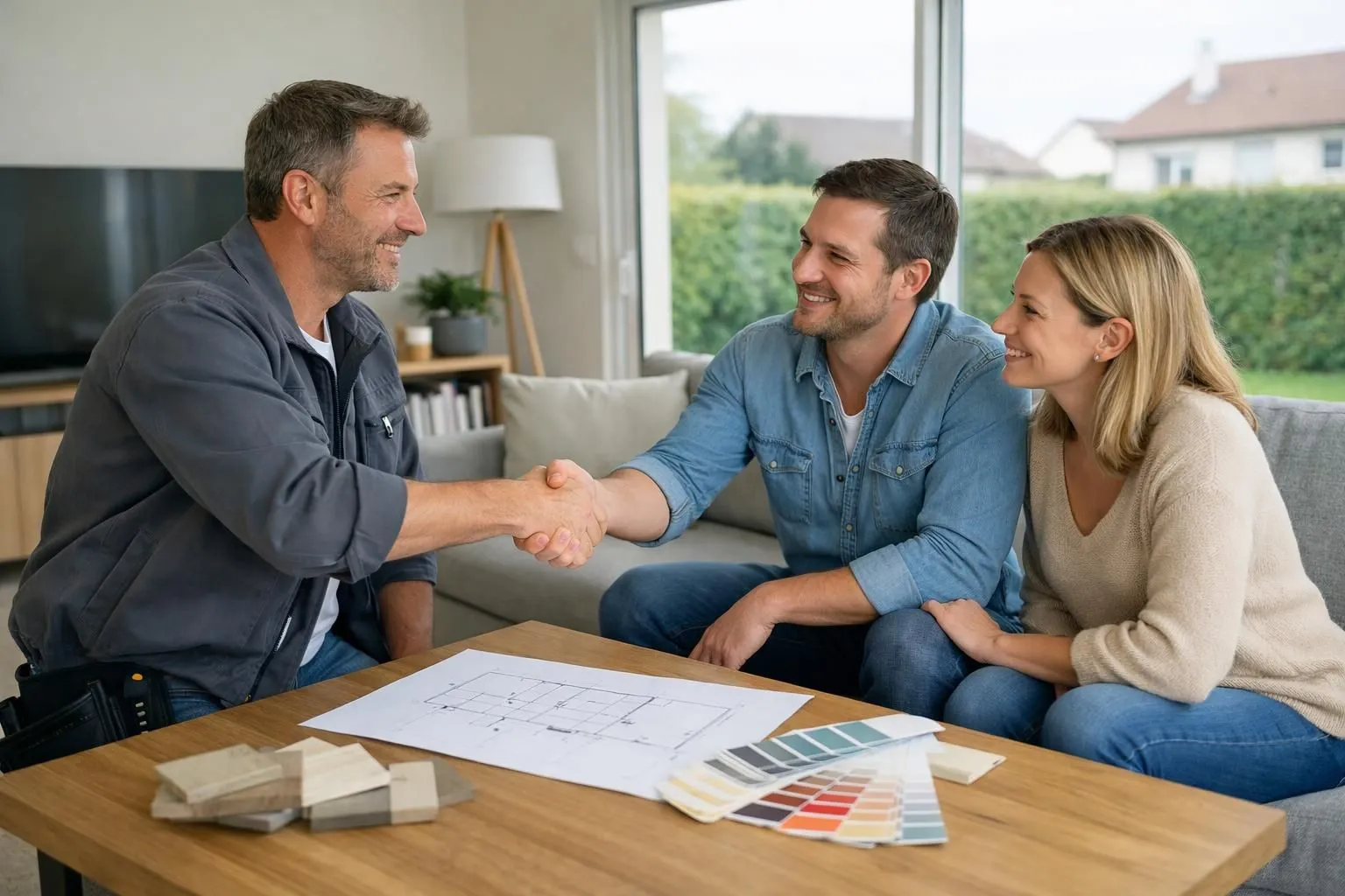 Professional renovation contractor shaking hands with homeowners in modern Gland living room, construction blueprints and color samples visible on wooden table, natural daylight through windows, establishing trust and local partnership