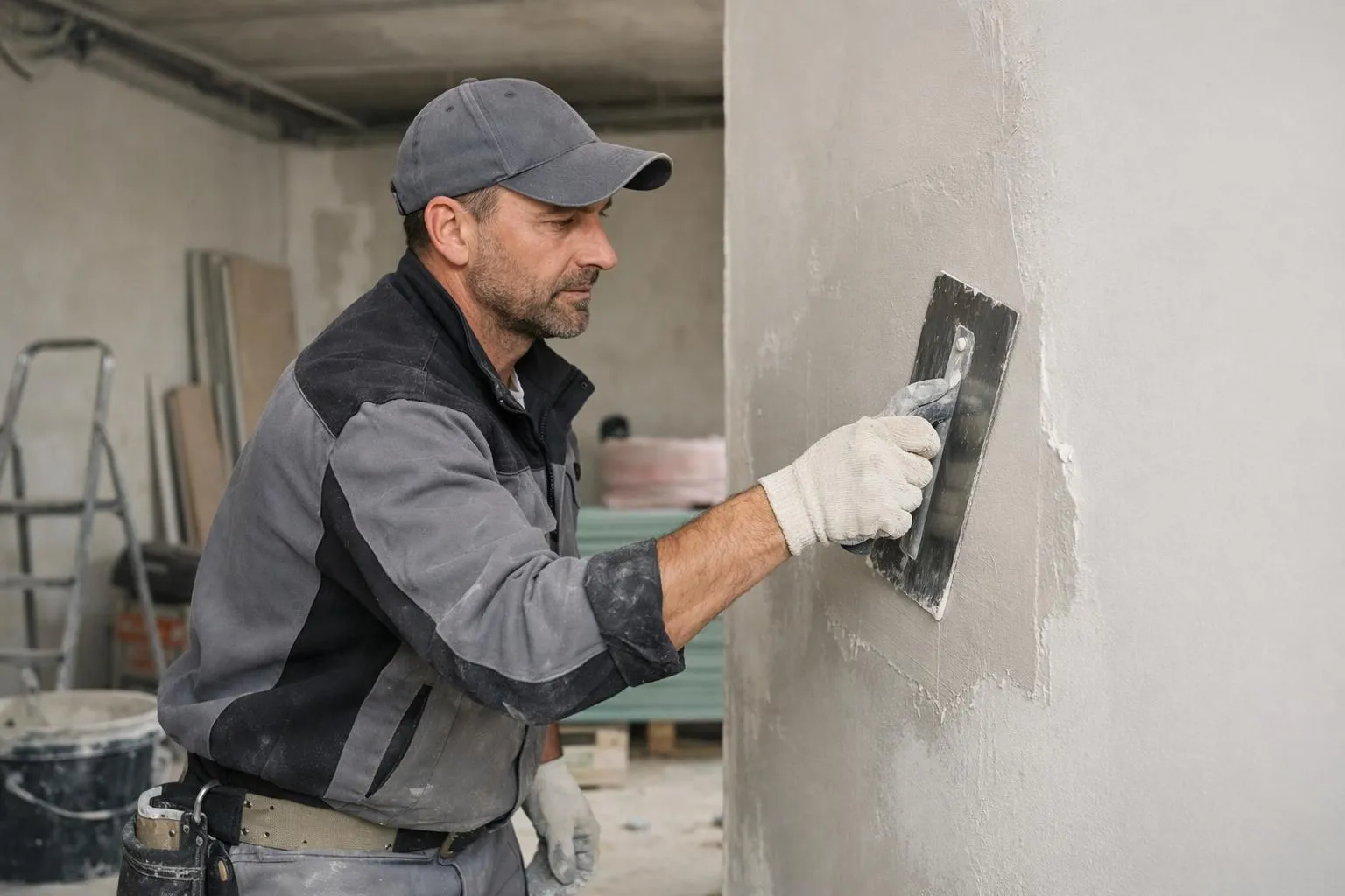 Professional craftsman in work clothes carefully smoothing fresh white plaster on interior wall with trowel, construction site with tools and materials visible, natural daylight, realistic photography style showing renovation expertise