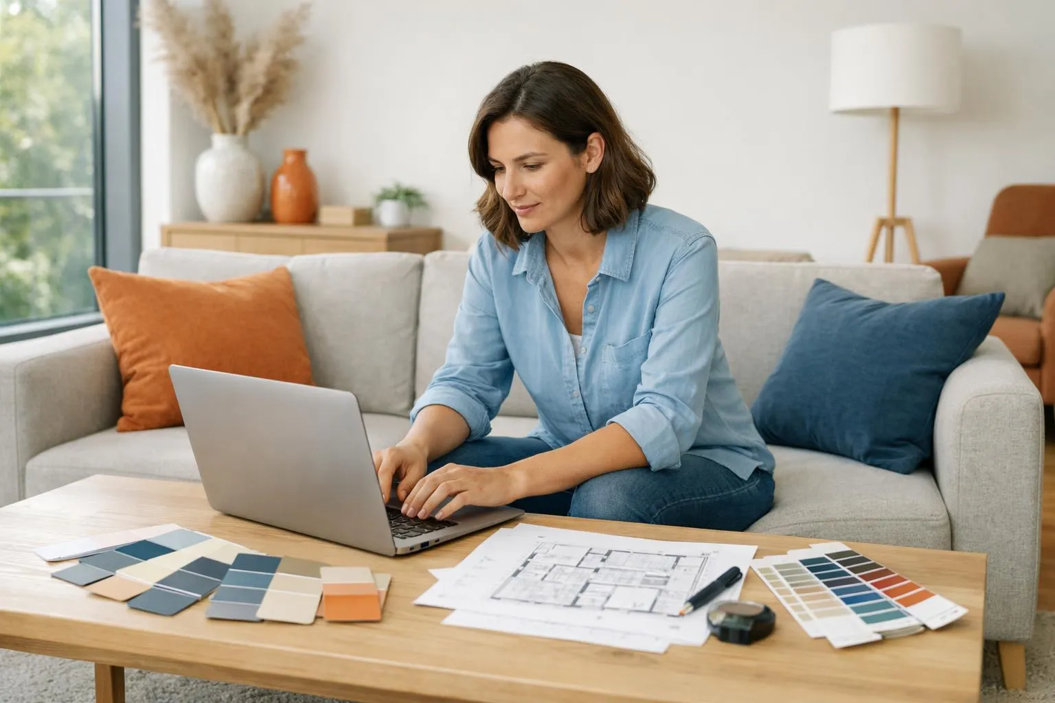 Femme travaillant sur un projet de design d'intérieur sur son ordinateur portable.