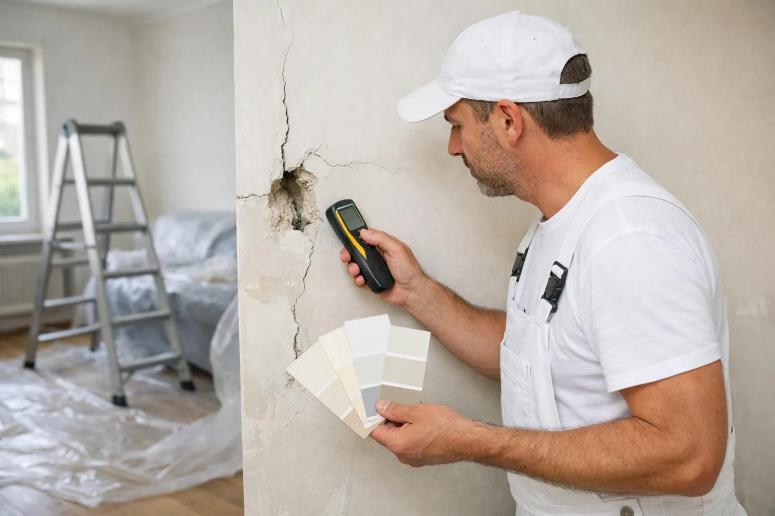 Homme en casquette blanche inspecte un mur fissuré avec un outil de mesure.