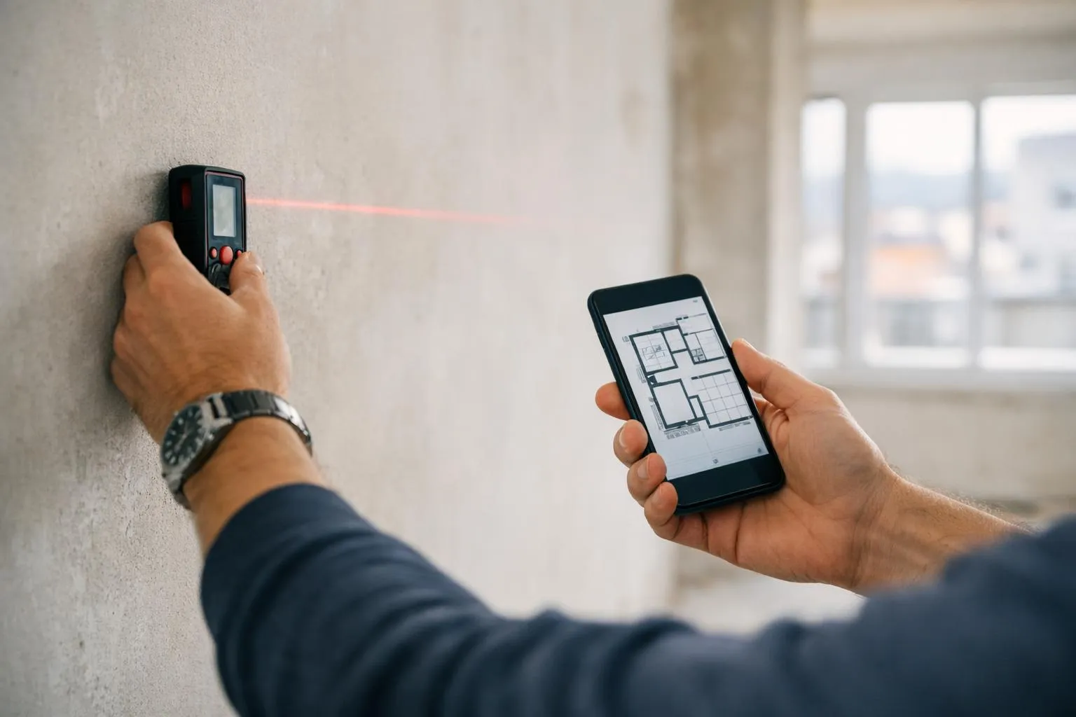 Homme utilisant un télémètre laser et un plan sur smartphone.