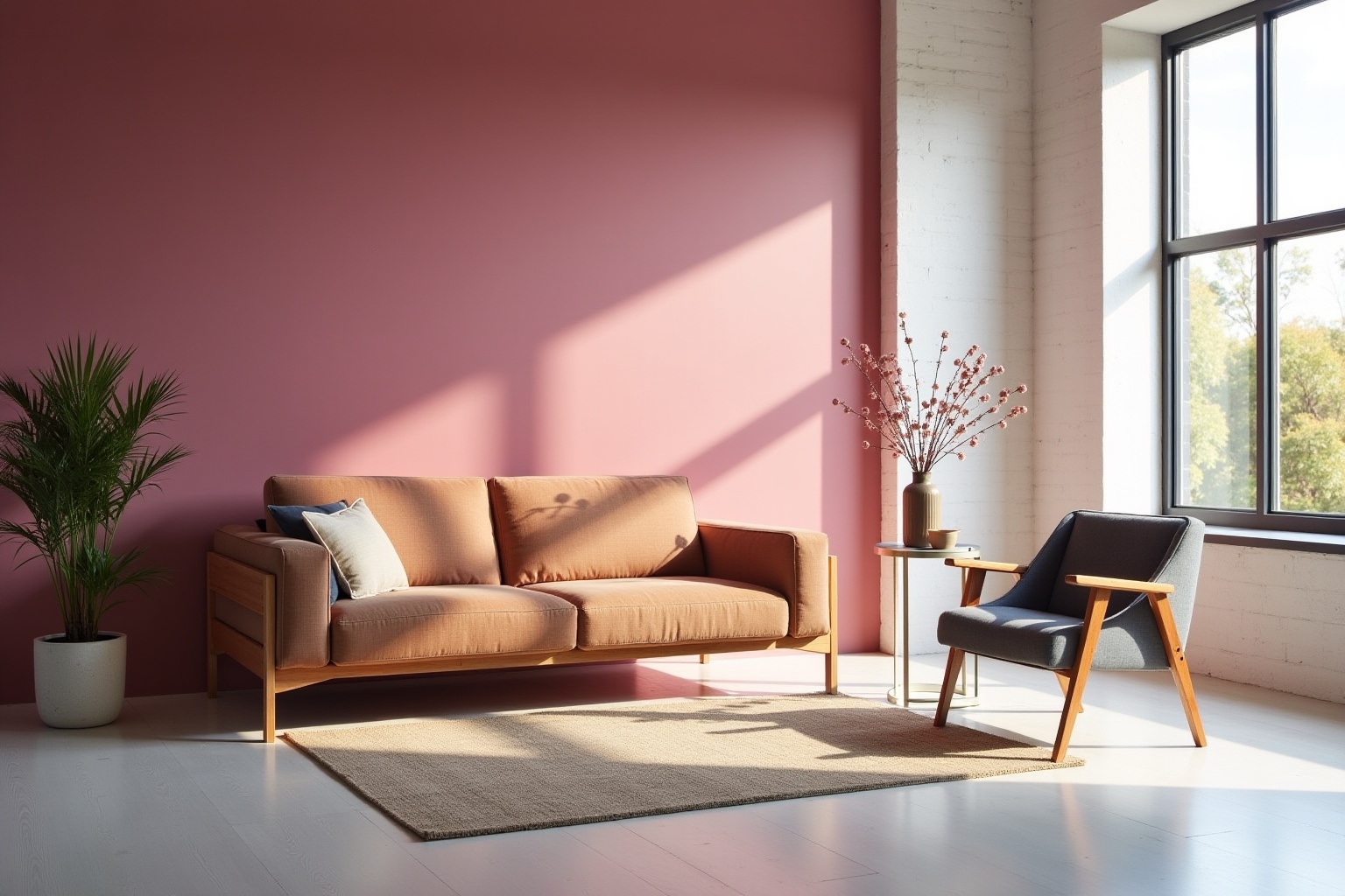 Salon moderne avec canapé en cuir, fauteuil et plante verte.