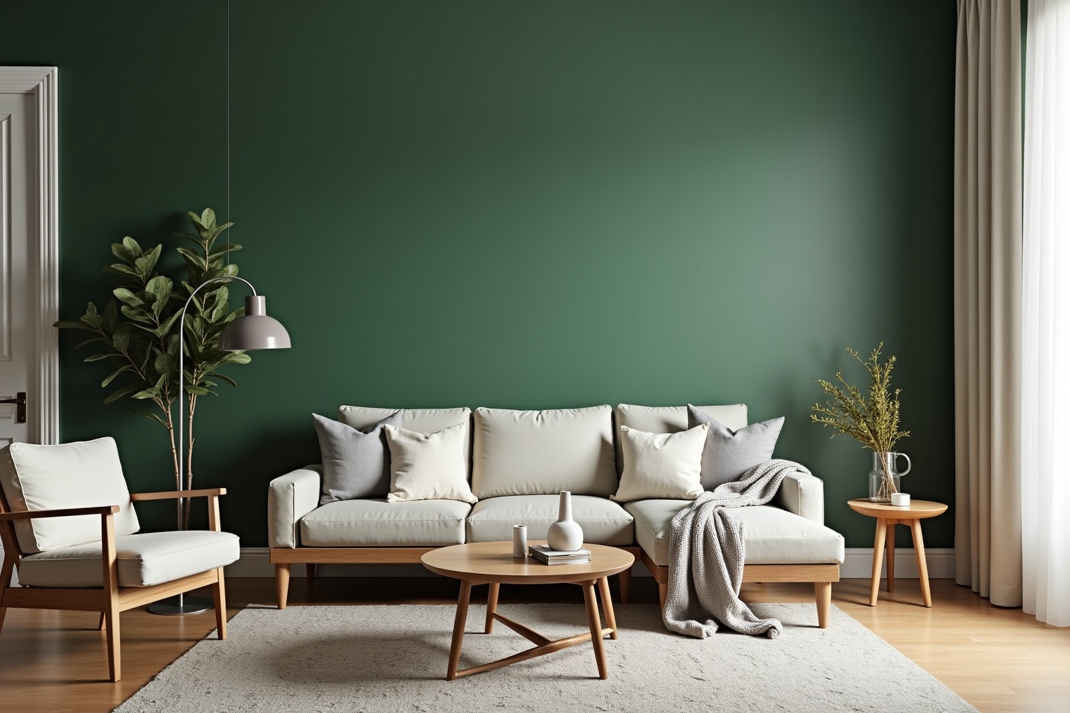 Salon moderne avec murs verts, canapé beige et tables basses en bois.
