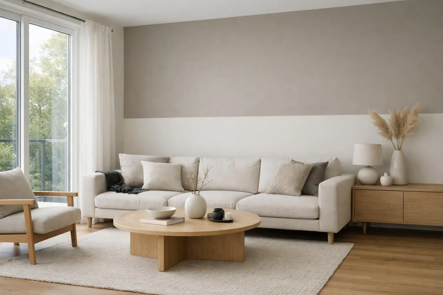 Modern living room interior with freshly painted feature wall in contemporary neutral tones, elegant sofa and minimalist decor, natural daylight streaming through large windows, professional paint finish visible on walls, warm and inviting atmosphere