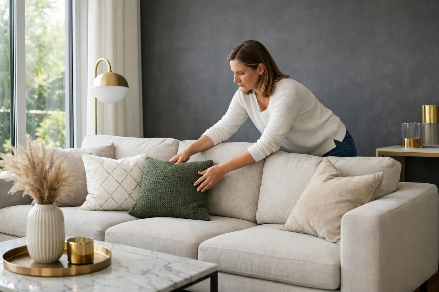 Modern Swiss living room with anthracite grey accent wall, light beige sofa, golden metallic side table and floor lamp, white marble coffee table, natural daylight streaming through large windows, industrial-style concrete ceiling, minimalist Scandinavian furniture, photorealistic interior design, professional photography