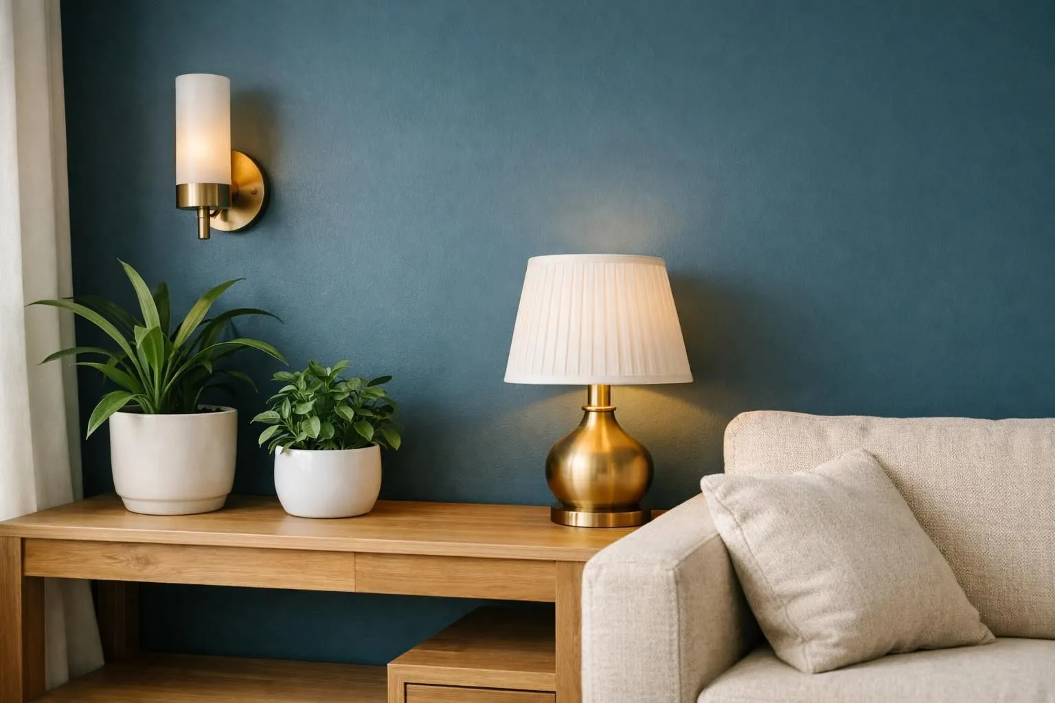 Living room interior featuring a rich teal-blue painted wall, blonde wooden furniture with clean modern lines, brass wall sconces and table lamp, white ceramic planters with large green monstera plants, cream colored sofa with textured cushions, natural afternoon light highlighting the depth of the blue wall paint, contemporary yet warm atmosphere
