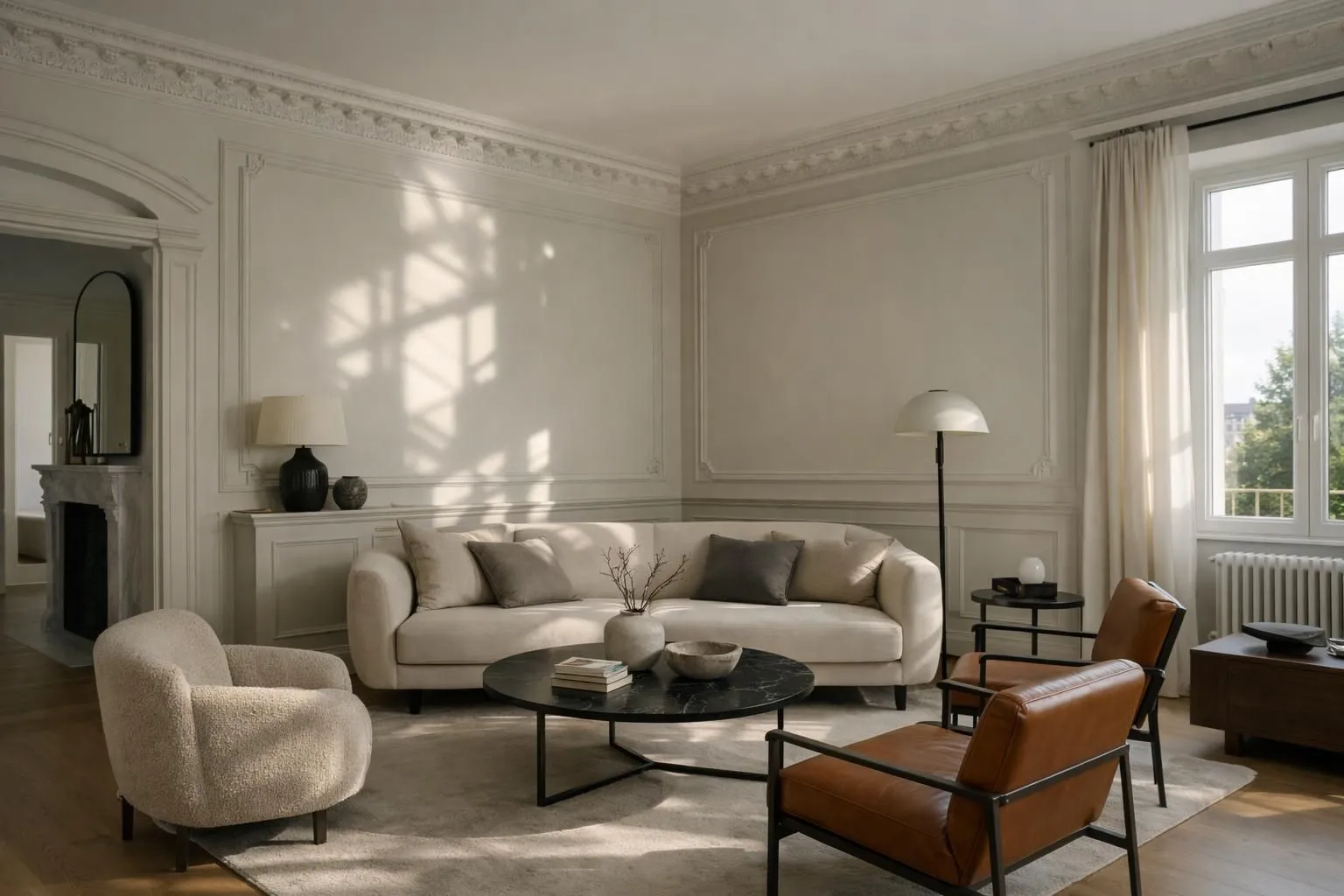 Elegant Swiss living room interior showing beautiful wall moldings and crown molding installation, with natural light creating shadows on decorative plasterwork, demonstrating the visual impact of architectural details in a renovated space