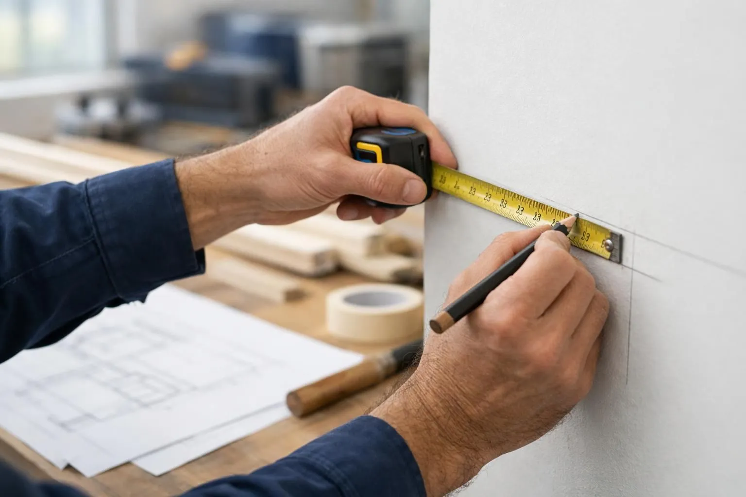 Person measuring wall dimensions with tape measure and marking guidelines with pencil for decorative molding installation, renovation workshop with architectural sketches visible, natural lighting