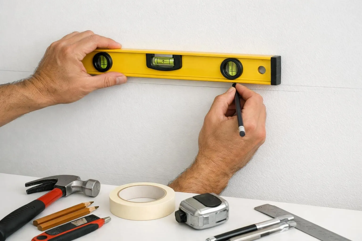 Hands holding a spirit level against a white wall while marking precise guidelines with a pencil for molding installation, with measurement tools and masking tape visible on a clean surface