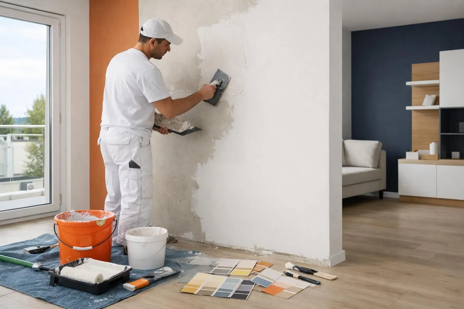 Professional craftsman in white work clothes applying plaster to interior wall in modern Gland apartment, with painting equipment and color samples visible on floor, natural daylight from window
