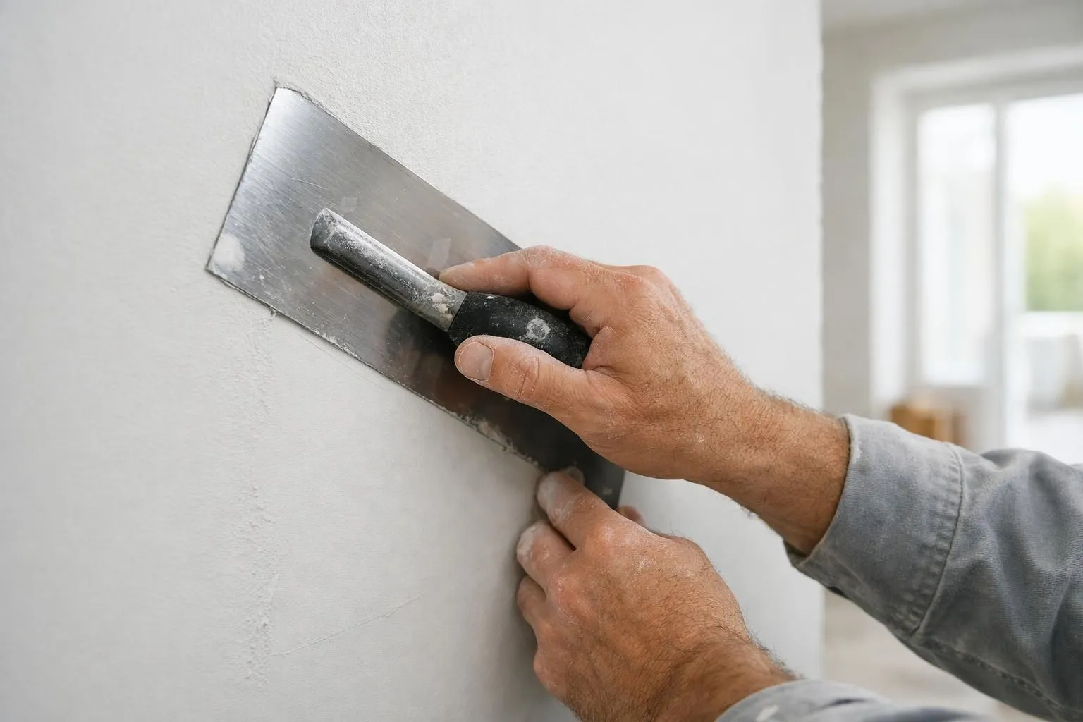 Professional plasterer smoothing fresh white plaster on interior wall with metal trowel, showing precise hand movements and clean technique in bright residential room under construction