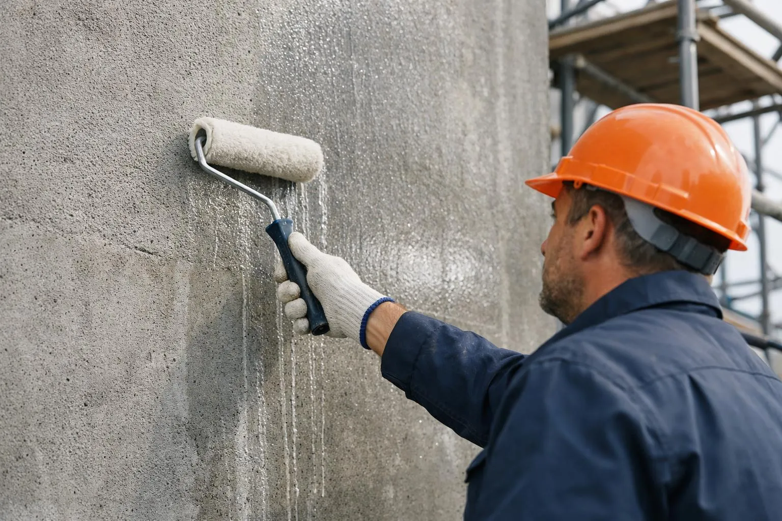 Ouvrier peignant un mur de béton avec un rouleau.