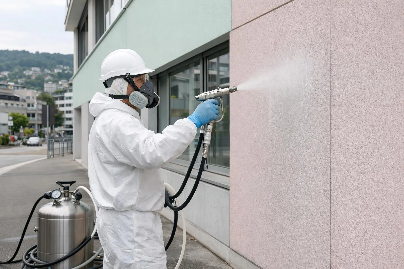 Ouvrier en combinaison de protection pulvérisant un produit sur un mur de bâtiment.