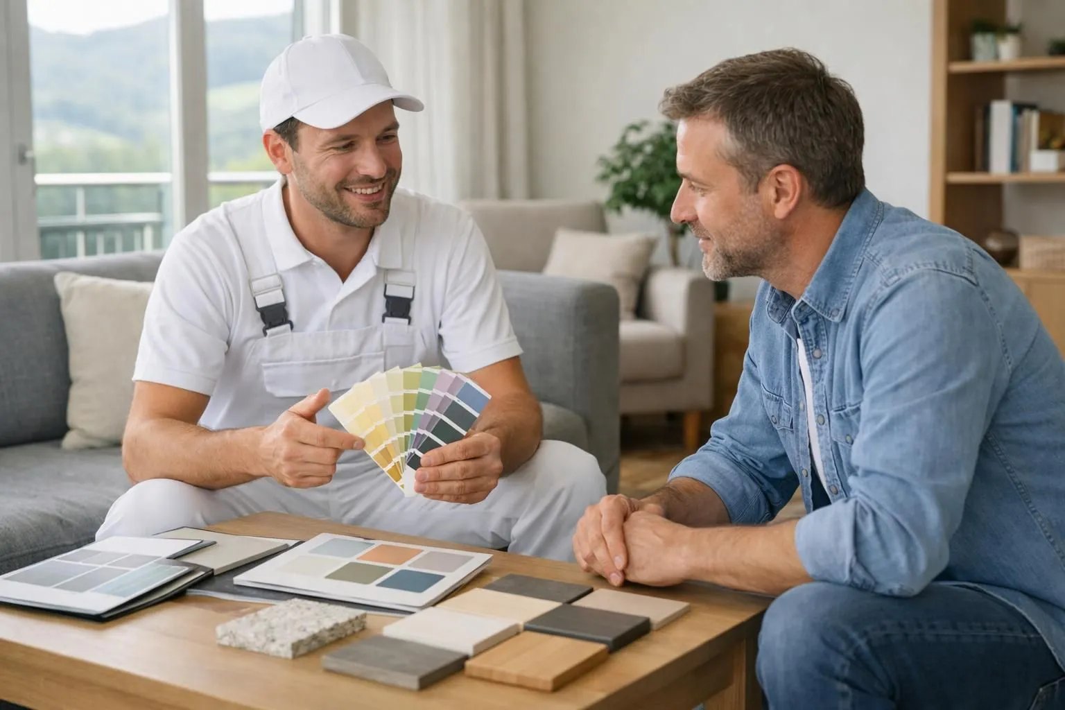 Un peintre professionnel conseille attentivement un propriétaire dans un salon lumineux, présentant des échantillons de peinture et des catalogues de matériaux sur une table, éclairage naturel, style de photographie réelle, décor intérieur suisse, accent sur la confiance et la communication entre le prestat