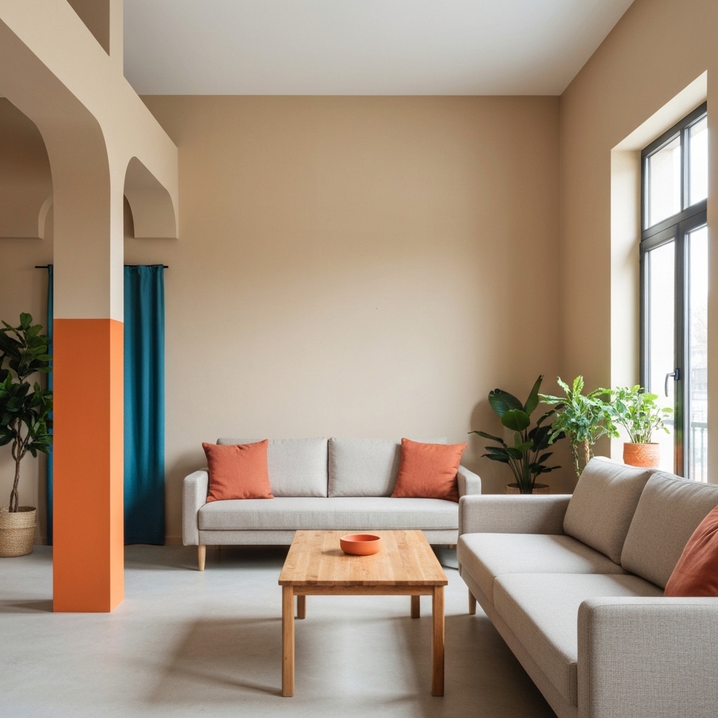 Spacious contemporary living room bathed in natural sunlight, featuring walls painted in warm beige tones with terracotta accent pillows on a neutral sofa, wooden coffee table, and green plants near large windows