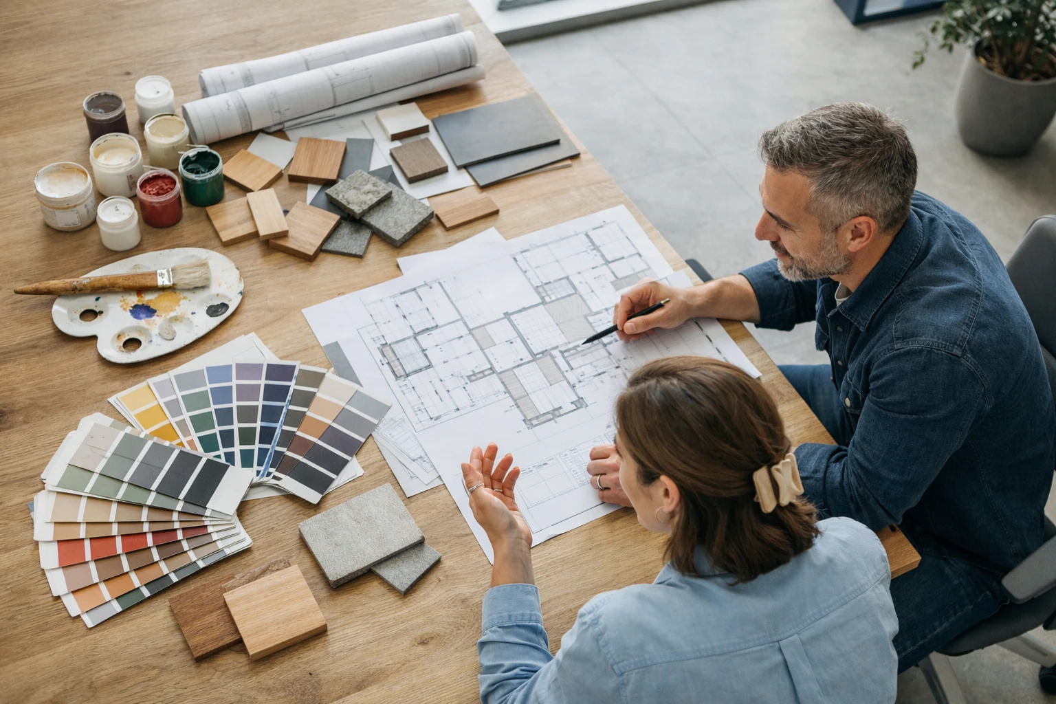 Professional commercial painter in work attire examining wall surfaces with clipboard while business owner in formal clothing observes, modern office setting with natural lighting, consultation meeting atmosphere