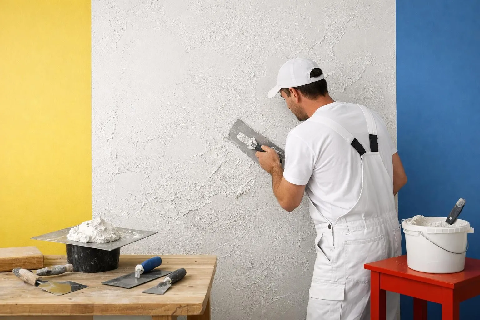 Artisan professionnel appliquant du crépi taloché sur un mur intérieur blanc dans une pièce lumineuse d'une maison suisse moderne, avec outils de plâtrerie visibles et texture de crépi en cours de réalisation, vue rapprochée du mur en travaux