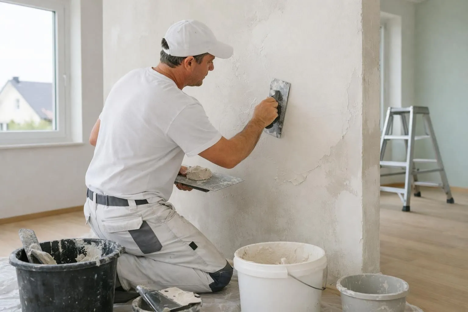 Professional craftsman applying interior plaster coating on a residential wall in Switzerland, showing detailed troweling technique and texture work in progress, with tools and material buckets visible in a clean renovated room with natural daylight