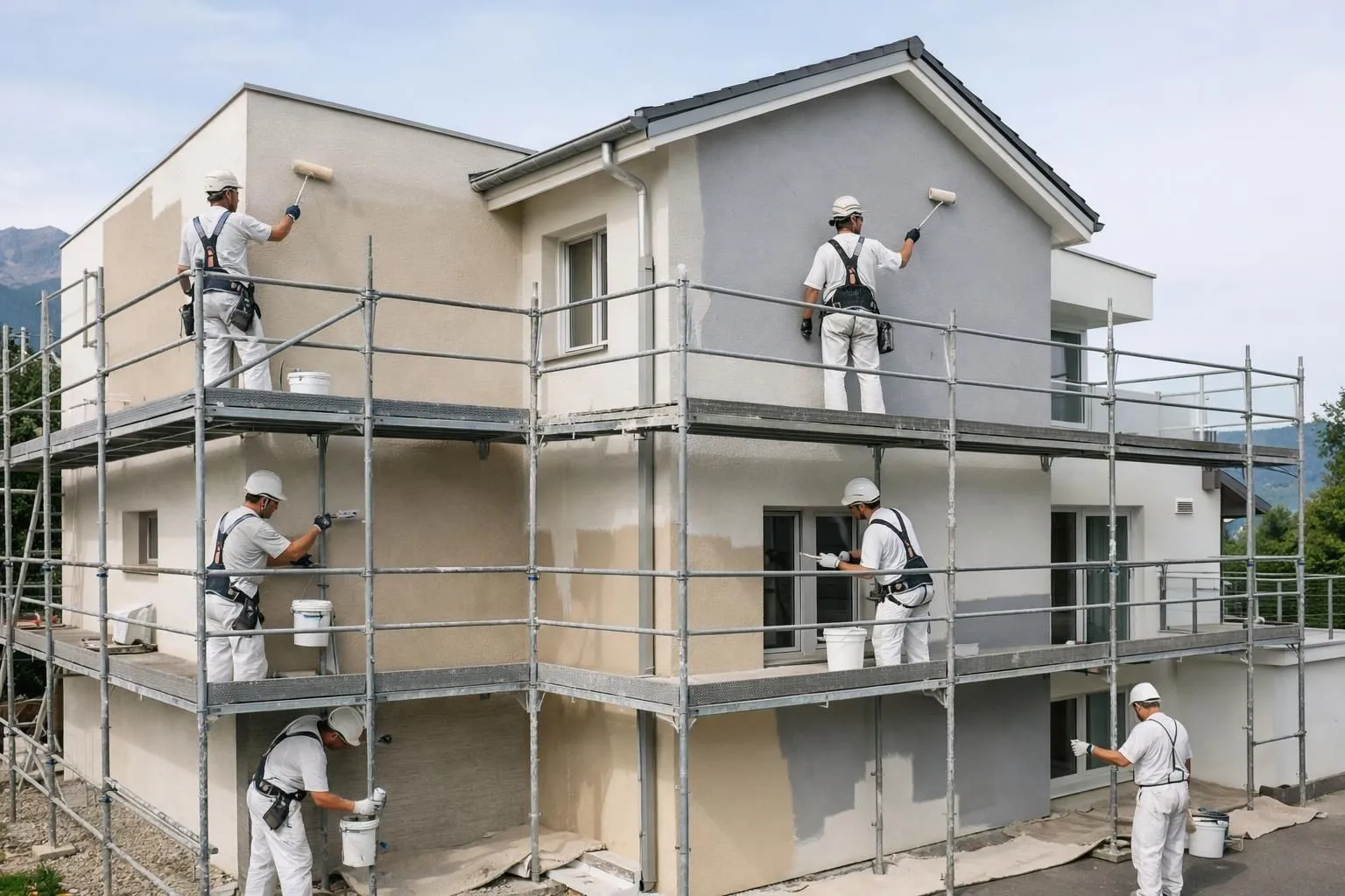 Professional painter applying exterior paint to a Swiss house facade with scaffolding visible, showing modern residential building with multiple walls being painted in neutral tones, workers in safety gear using rollers and brushes on textured surface, realistic daylight photography showcasing actual renovation work in progress