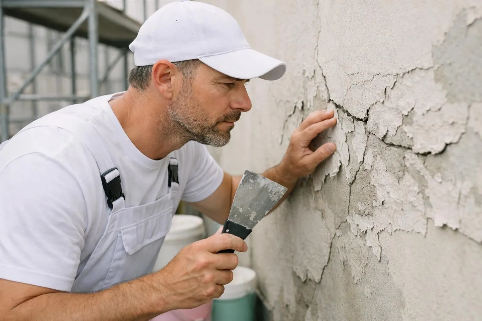 Close-up view of a professional painter inspecting an exterior wall with visible cracks and peeling paint, holding a scraper tool, with paint buckets and scaffolding visible in background, natural daylight, realistic construction site atmosphere