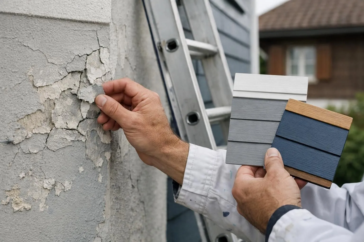 Professional painter examining a poorly executed exterior house paint job with visible cracks and peeling, standing next to a ladder against a Swiss residential building facade, contrasting quality work samples, no text or labels visible