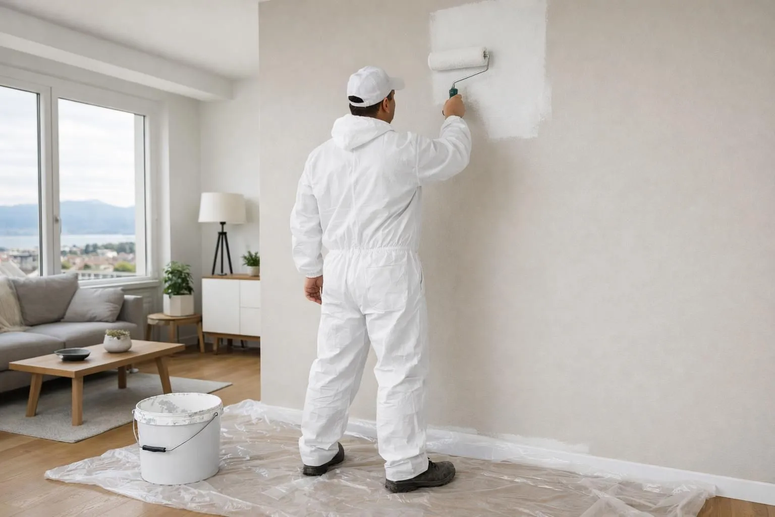 Professional painter in white coveralls applying paint to apartment wall with roller in bright modern Lausanne living room, paint bucket and drop cloth visible on floor, natural daylight through windows