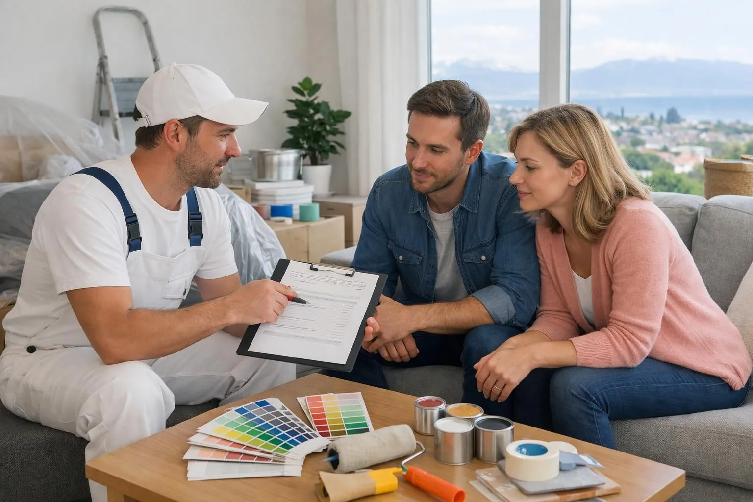 Professional painter showing detailed written estimate to attentive homeowners in bright modern Lausanne apartment living room with paint color samples on table and renovation materials visible