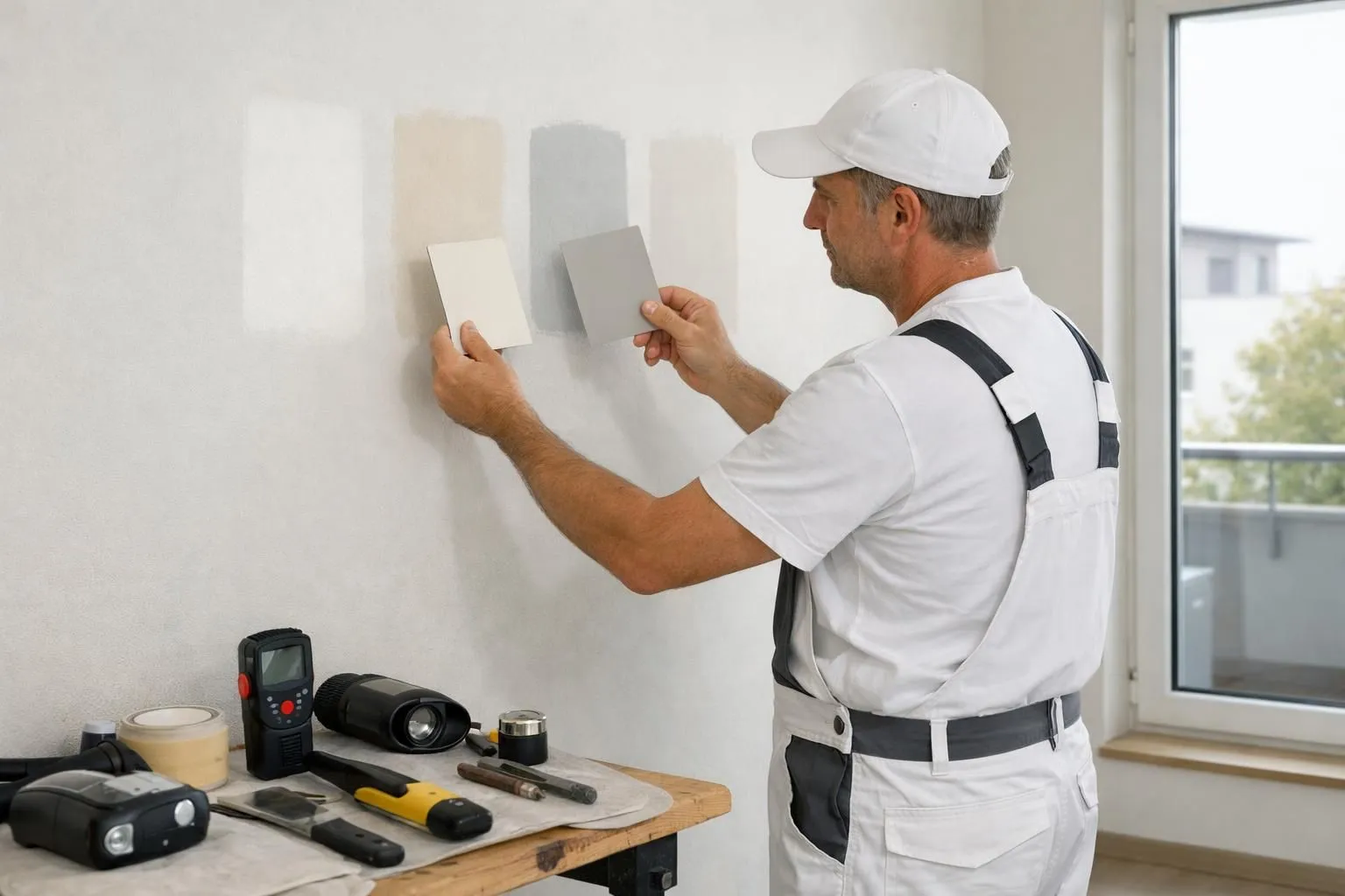 Un peintre suisse professionnel en tenue de travail compare des échantillons de peinture sur un mur intérieur fraîchement préparé dans un appartement moderne lumineux, des outils d'inspection de qualité sont visibles sur l'établi, la lumière du jour naturelle provient de la fenêtre,