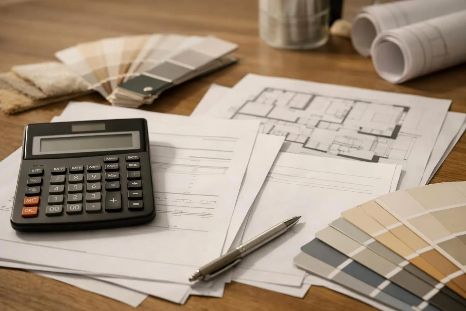 Un peintre professionnel examine les devis détaillés et les nuanciers de couleurs avec un client dans un appartement suisse moderne, une calculatrice et des documents budgétaires sur la table montrant la ventilation des prix pour un projet de peinture intérieure.