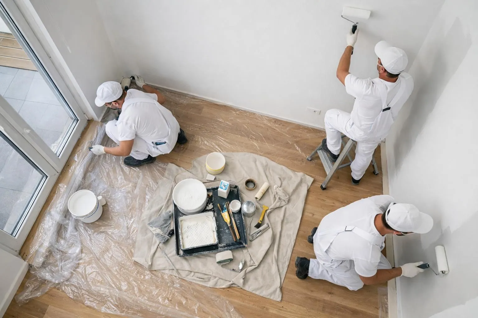 Une équipe de peintres professionnels en uniformes blancs appliquant soigneusement de la peinture de qualité sur les murs d'un appartement suisse moderne, avec l'équipement de protection adéquat, des échelles et un espace de travail organisé.