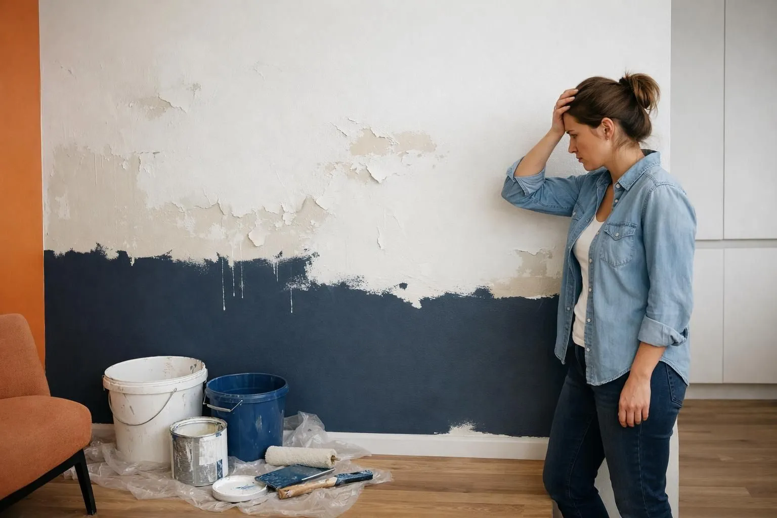 Propriétaire frustré par un mur mal peint avec des défauts visibles et de la peinture qui s'écaille dans un intérieur résidentiel, montrant une tentative de bricolage ratée avec des seaux et des pinceaux sur le sol.