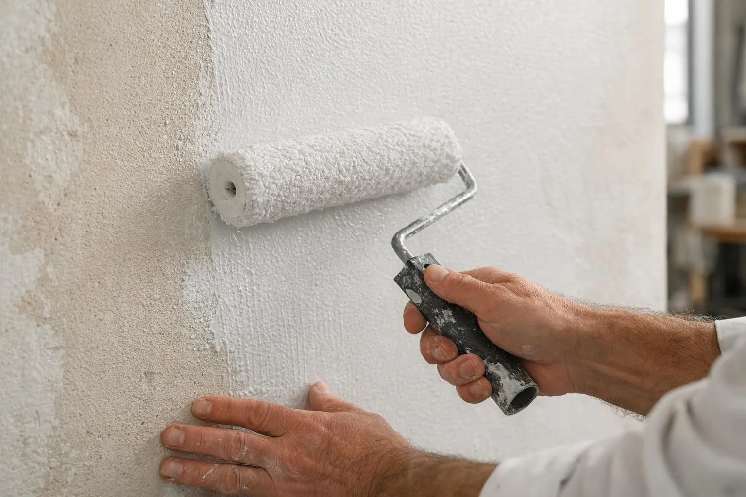 Un peintre professionnel applique une couche de primaire blanc sur un mur préparé à l'aide d'un rouleau dans une pièce lumineuse, montrant des coups de pinceau détaillés et une technique de préparation de surface appropriée pour un article sur les mythes de la peinture concernant l