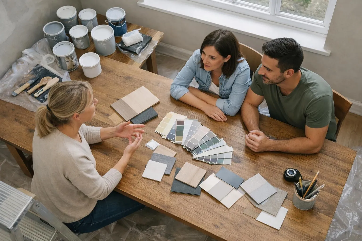 Professional painter in clean modern room showing paint samples to attentive homeowner couple, transparent discussion scene with visible paint cans on drop cloth, natural daylight through window, renovation setting with protective floor covering