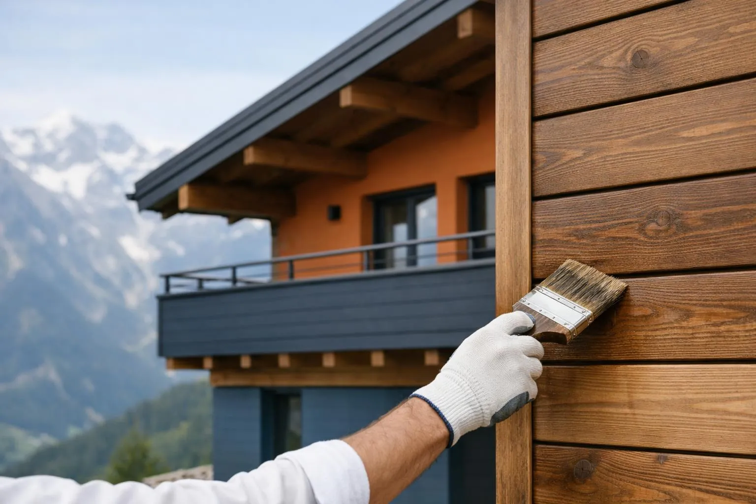 Peinture d'une cabane en bois avec balcon, dans un paysage montagneux.