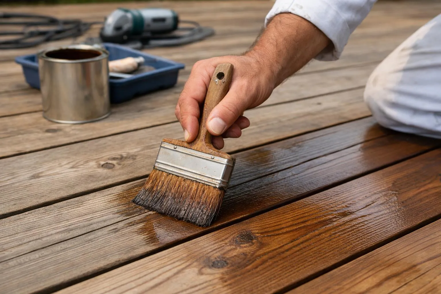 Peinture d'un plancher en bois avec un pinceau à main.