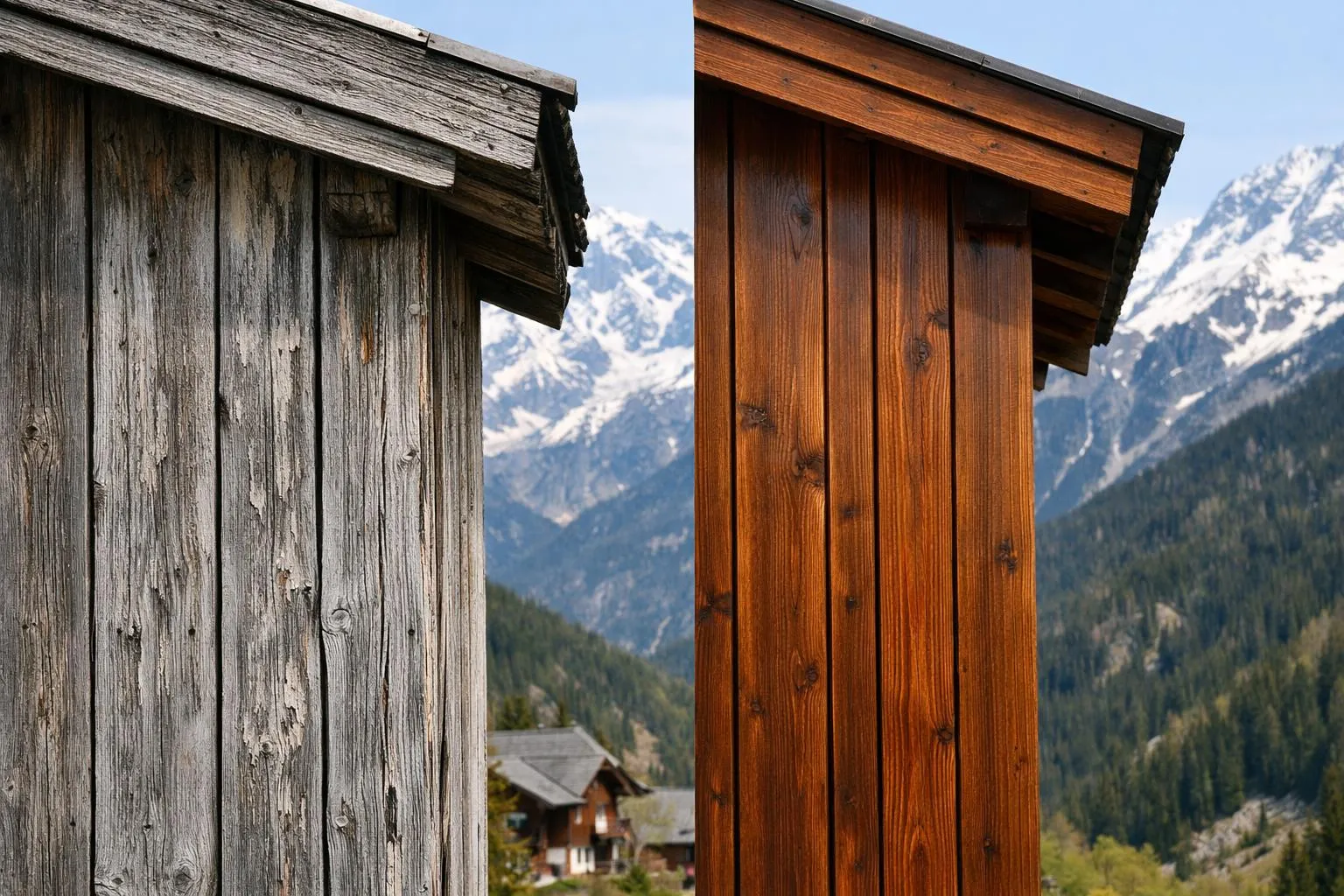 Cabanes en bois rustiques avec montagnes enneigées à l'arrière-plan.