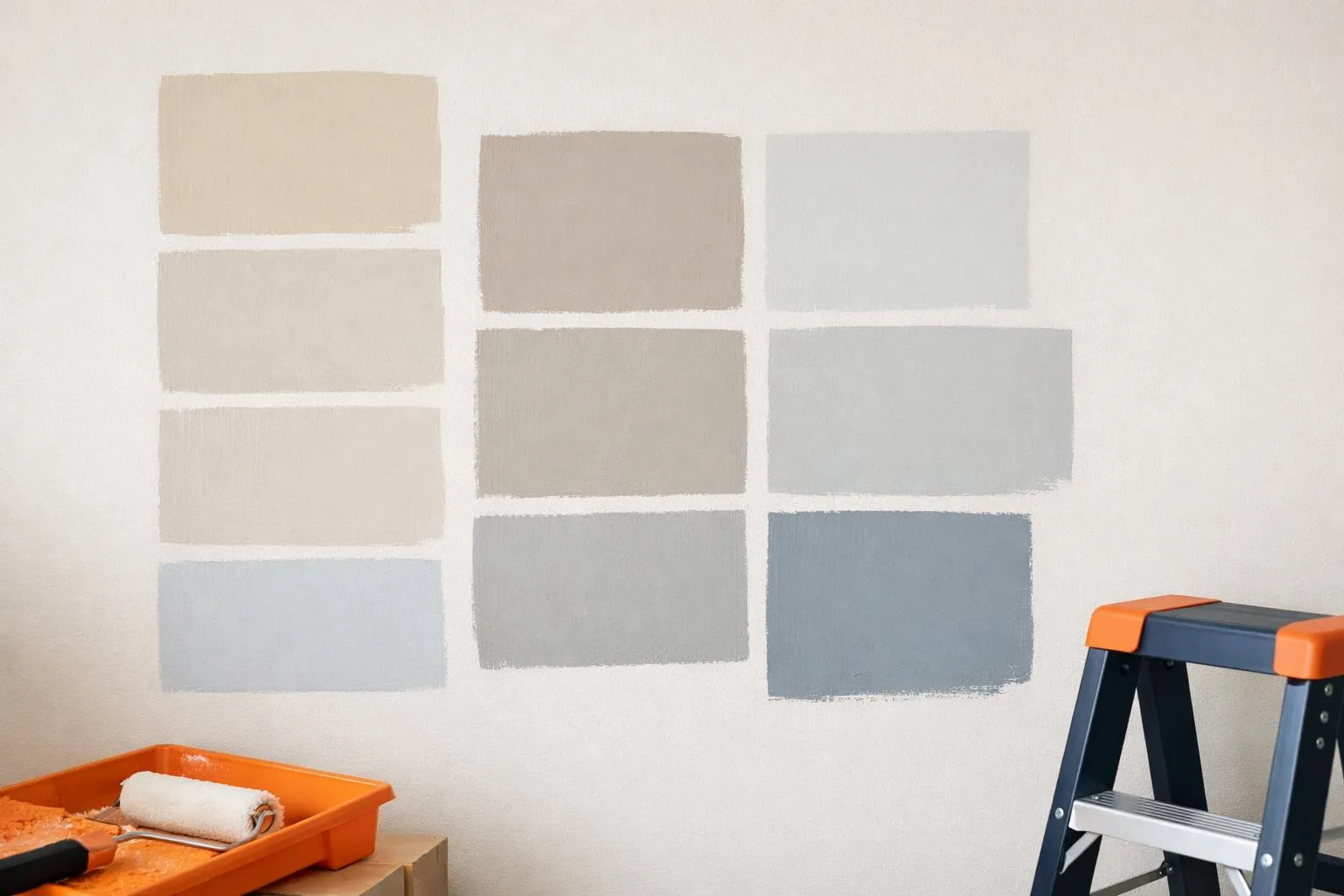Nuancier de couleurs grises et beiges sur un mur blanc, avec un escabeau et des outils de peinture.