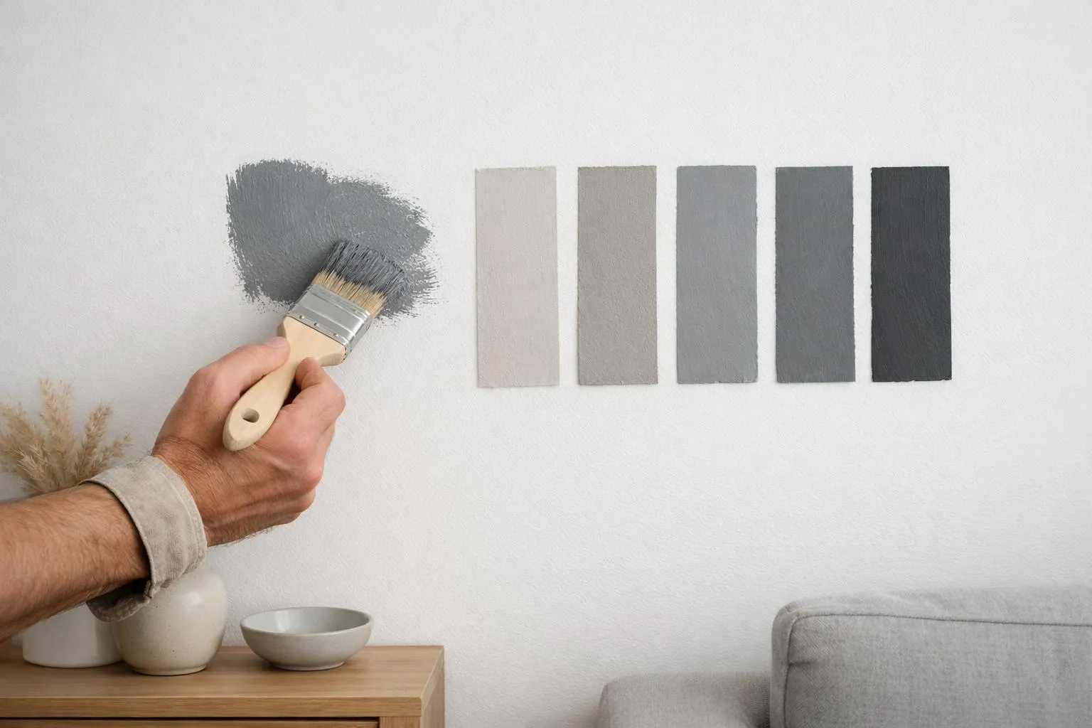 Peinture murale grise, nuancier de couleurs, pinceau à la main.