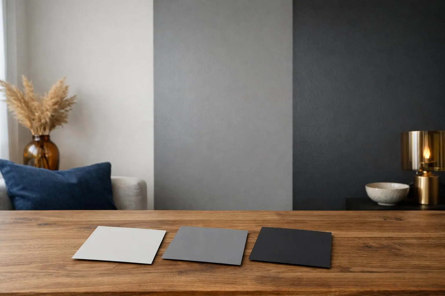 Intérieur moderne avec table en bois, coussins bleus et accessoires décoratifs.