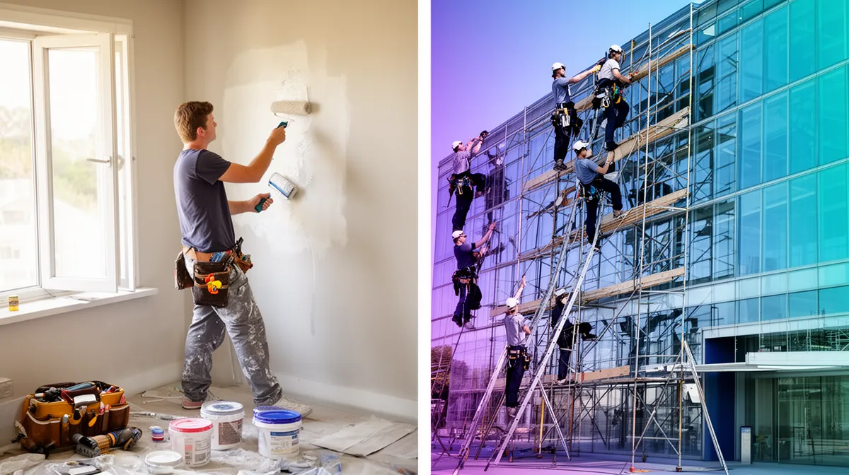 Homme peignant un mur intérieur, équipe de travailleurs sur un échafaudage extérieur.